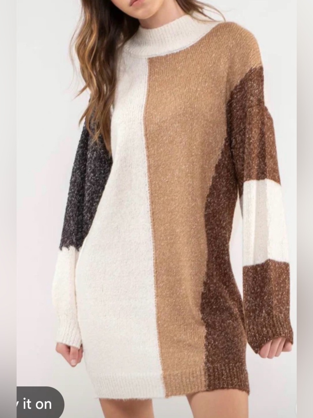 Blu Pepper Colorblock Cowl Neck Sweater Dress in Cream, Brown & Black